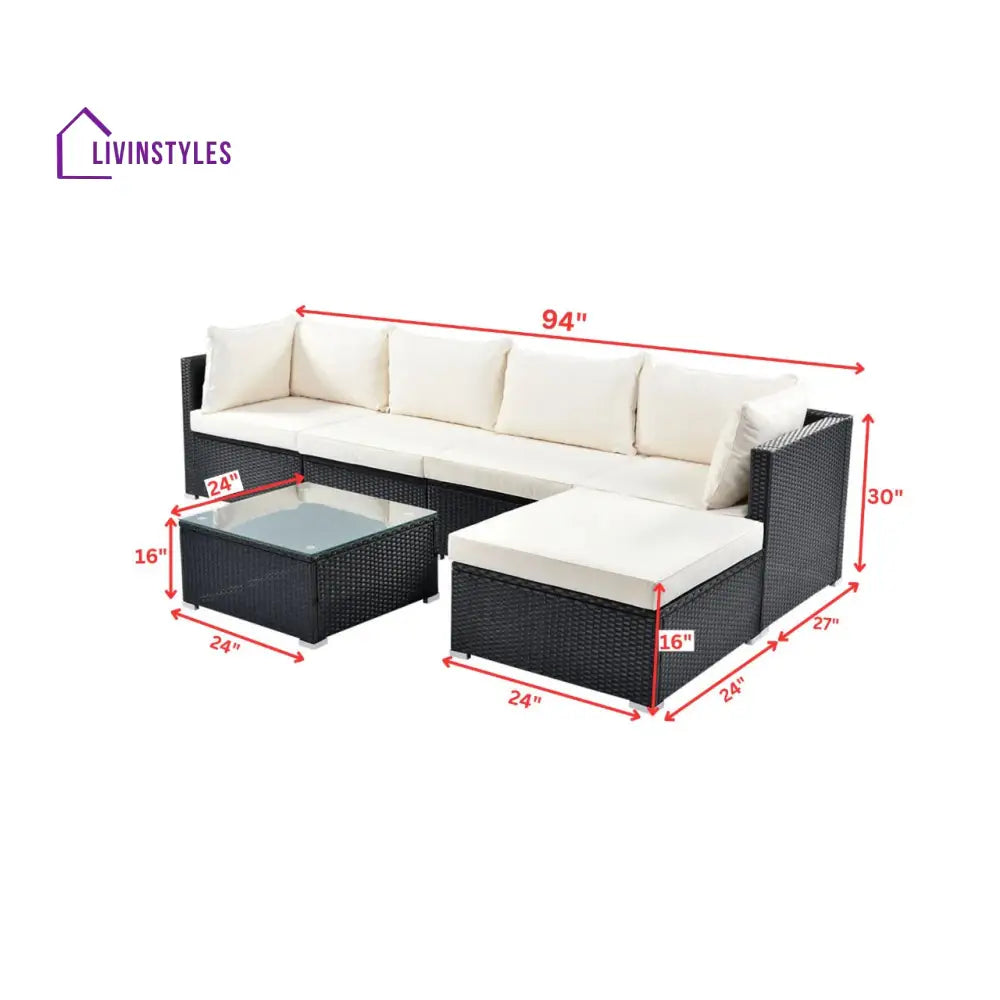 Ollie Outdoor Patio Sofa Set 4 Seater and 1 Table With 1 Ottoman Set (Black + Cream) - Sofa Sets