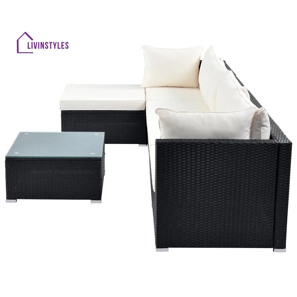 Ollie Outdoor Patio Sofa Set 4 Seater and 1 Table With 1 Ottoman Set (Black + Cream) - Sofa Sets