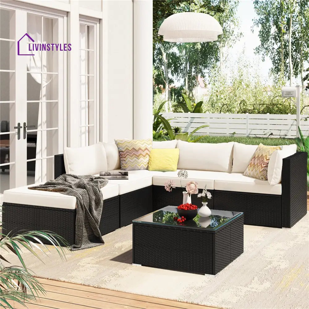 Ollie Outdoor Patio Sofa Set 4 Seater and 1 Table With 1 Ottoman Set (Black + Cream) - Sofa Sets