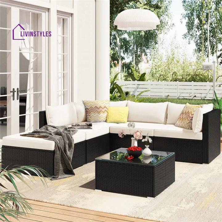 Ollie Outdoor Patio Sofa Set 4 Seater and 1 Table With 1 Ottoman Set (Black + Cream) - Sofa Sets