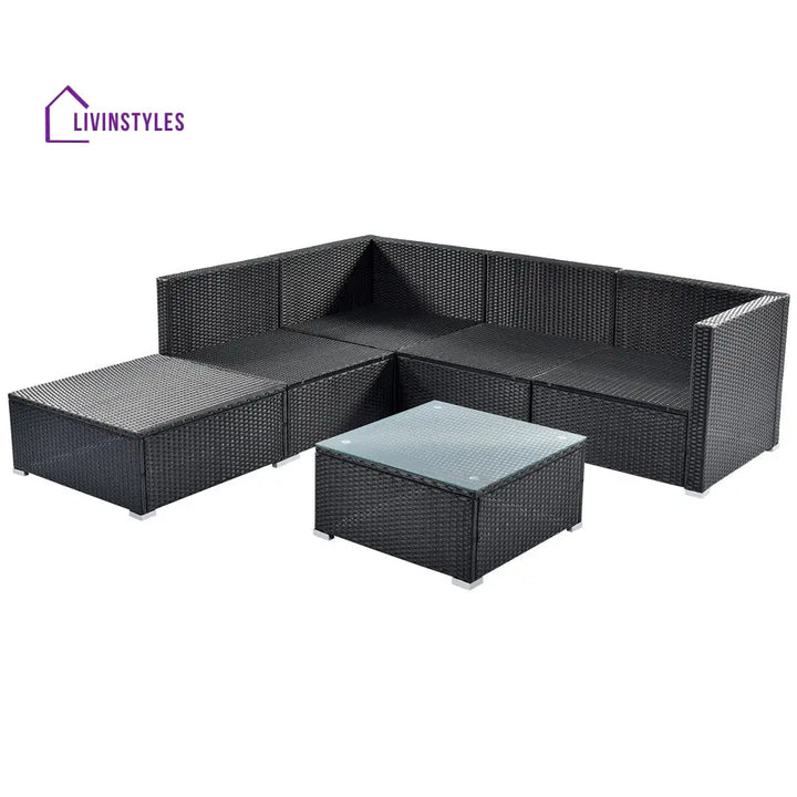 Ollie Outdoor Patio Sofa Set 4 Seater and 1 Table With 1 Ottoman Set (Black + Cream) - Sofa Sets