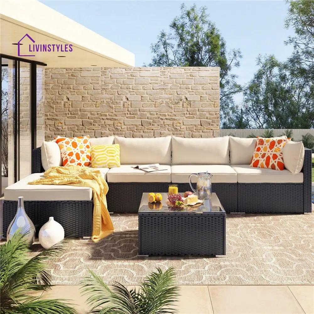 Ollie Outdoor Patio Sofa Set 4 Seater and 1 Table With 1 Ottoman Set (Black + Cream) - Sofa Sets