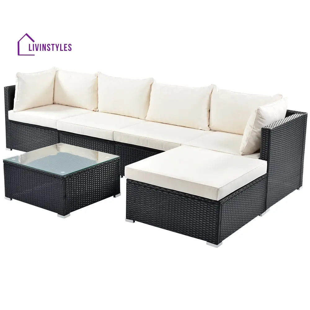 Ollie Outdoor Patio Sofa Set 4 Seater and 1 Table With 1 Ottoman Set (Black + Cream) - Sofa Sets