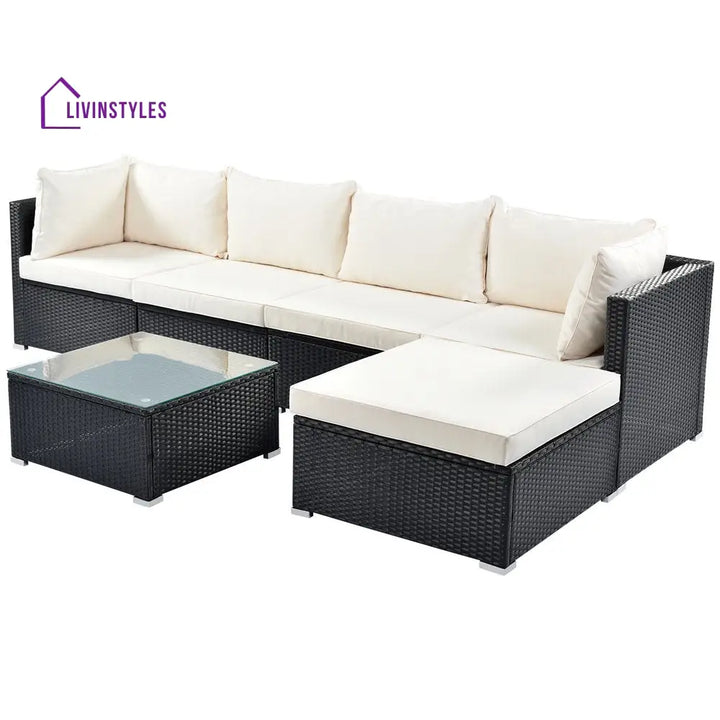 Ollie Outdoor Patio Sofa Set 4 Seater and 1 Table With 1 Ottoman Set (Black + Cream) - Sofa Sets
