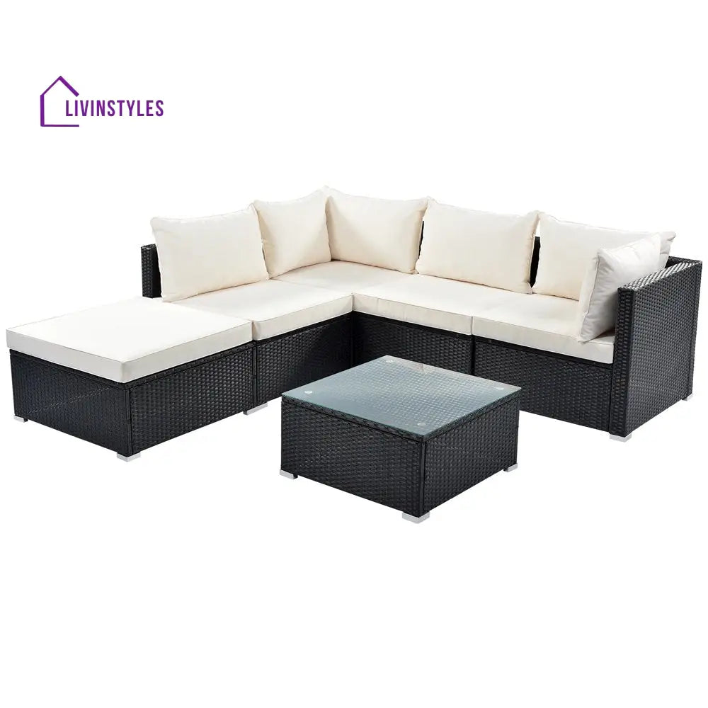 Ollie Outdoor Patio Sofa Set 4 Seater and 1 Table With 1 Ottoman Set (Black + Cream) - Sofa Sets