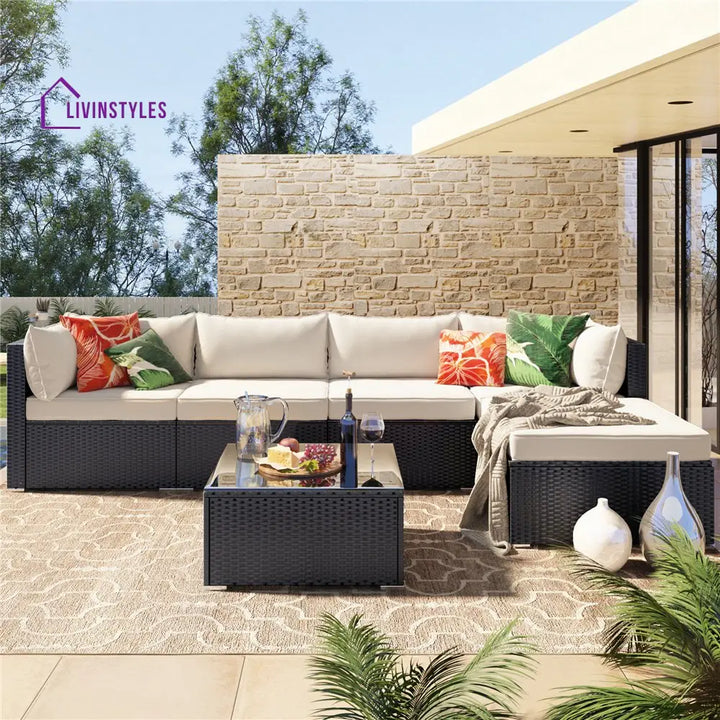Ollie Outdoor Patio Sofa Set 4 Seater and 1 Table With 1 Ottoman Set (Black + Cream) - Sofa Sets