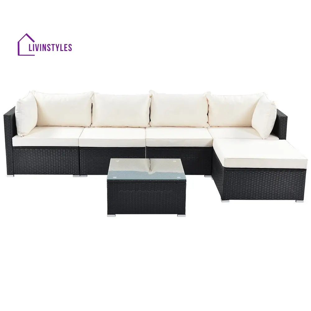 Ollie Outdoor Patio Sofa Set 4 Seater and 1 Table With 1 Ottoman Set (Black + Cream) - Sofa Sets