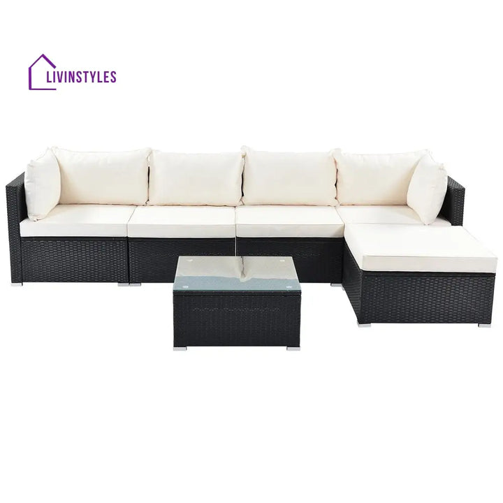 Ollie Outdoor Patio Sofa Set 4 Seater and 1 Table With 1 Ottoman Set (Black + Cream) - Sofa Sets