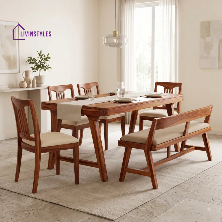 Oluchi Wooden 6 Seater Dining Table Set | 4 Chairs and 1 Bench | Table 72 X 36 X 30 Inch