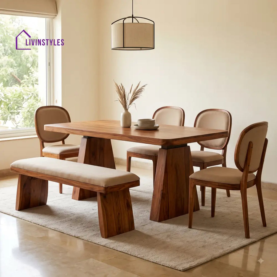 Oluwakemi Wooden 6 Seater Dining Table Set | 4 Chairs and 1 Bench | Table 72 X 36 X 30 Inch