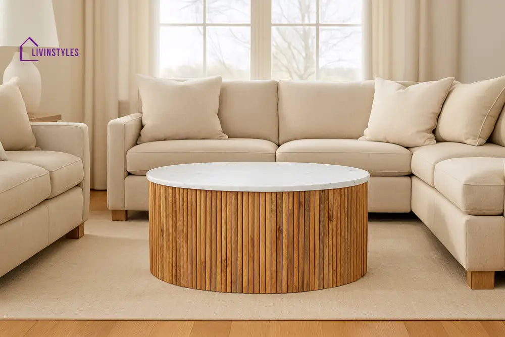 Omkar Mango Solid Wood Round Center Table with White Marble Top for Living Room | Modern Coffee Table for Sofa Set