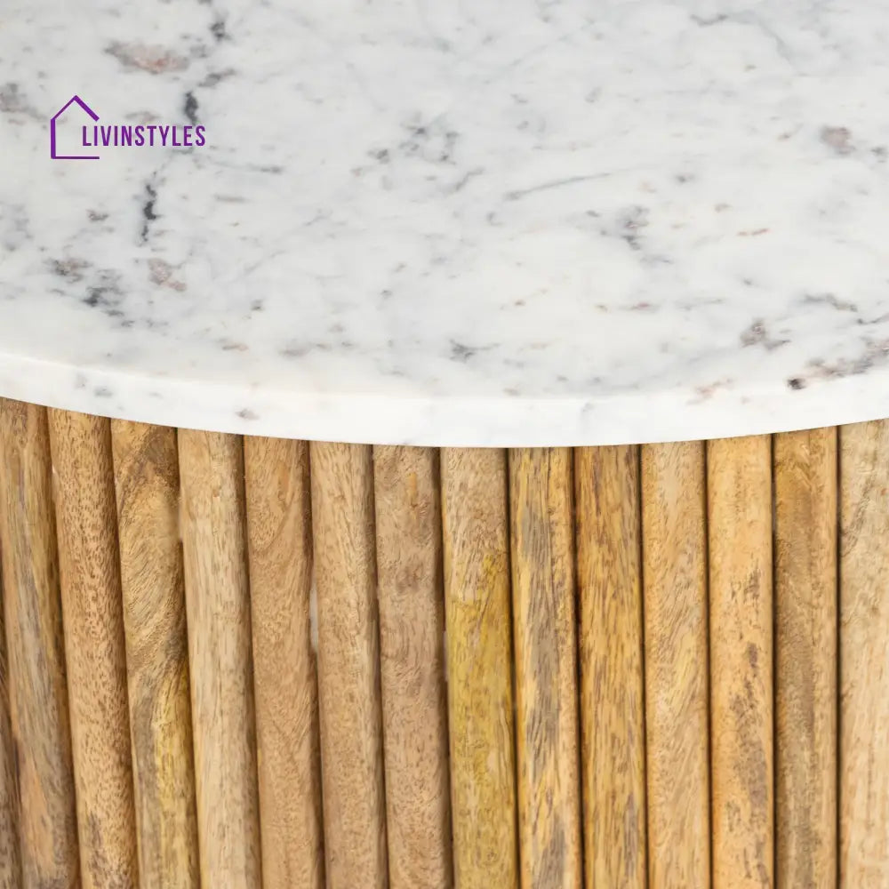 Omkar Mango Solid Wood Round Center Table with White Marble Top for Living Room | Modern Coffee Table for Sofa Set