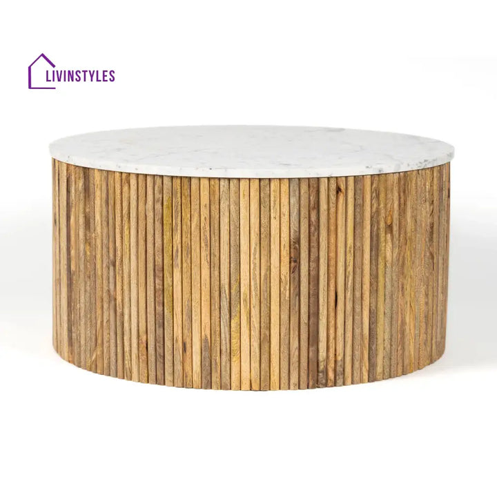 Omkar Mango Solid Wood Round Center Table with White Marble Top for Living Room | Modern Coffee Table for Sofa Set