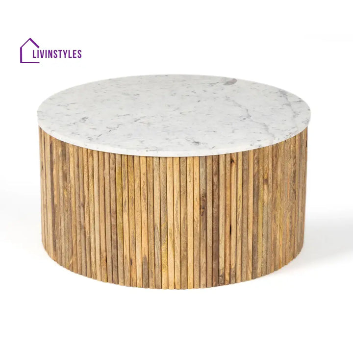 Omkar Mango Solid Wood Round Center Table with White Marble Top for Living Room | Modern Coffee Table for Sofa Set