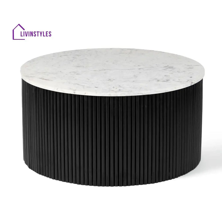 Omkar Mango Solid Wood Round Center Table with White Marble Top for Living Room | Modern Coffee Table for Sofa Set