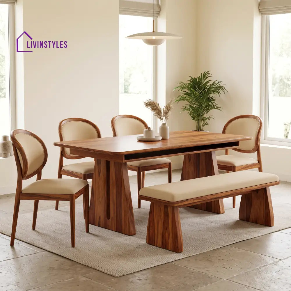 Omolade Wooden 6 Seater Dining Table Set | 4 Chairs and 1 Bench | Table 72 X 36 X 30 Inch