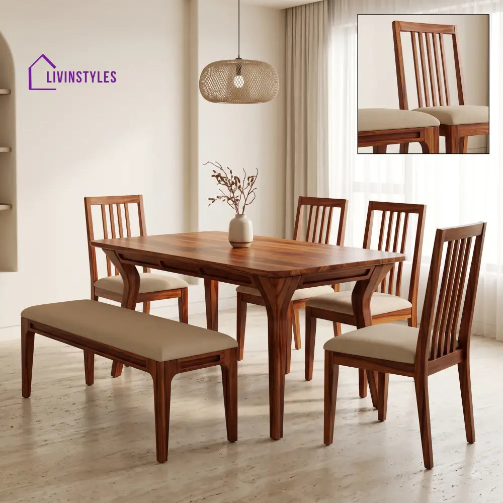 Omolara Wooden 6 Seater Dining Table Set | 4 Chairs and 1 Bench | Table 72 X 36 X 30 Inch