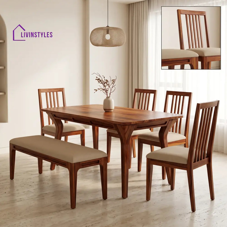 Omolara Wooden 6 Seater Dining Table Set | 4 Chairs and 1 Bench | Table 72 X 36 X 30 Inch