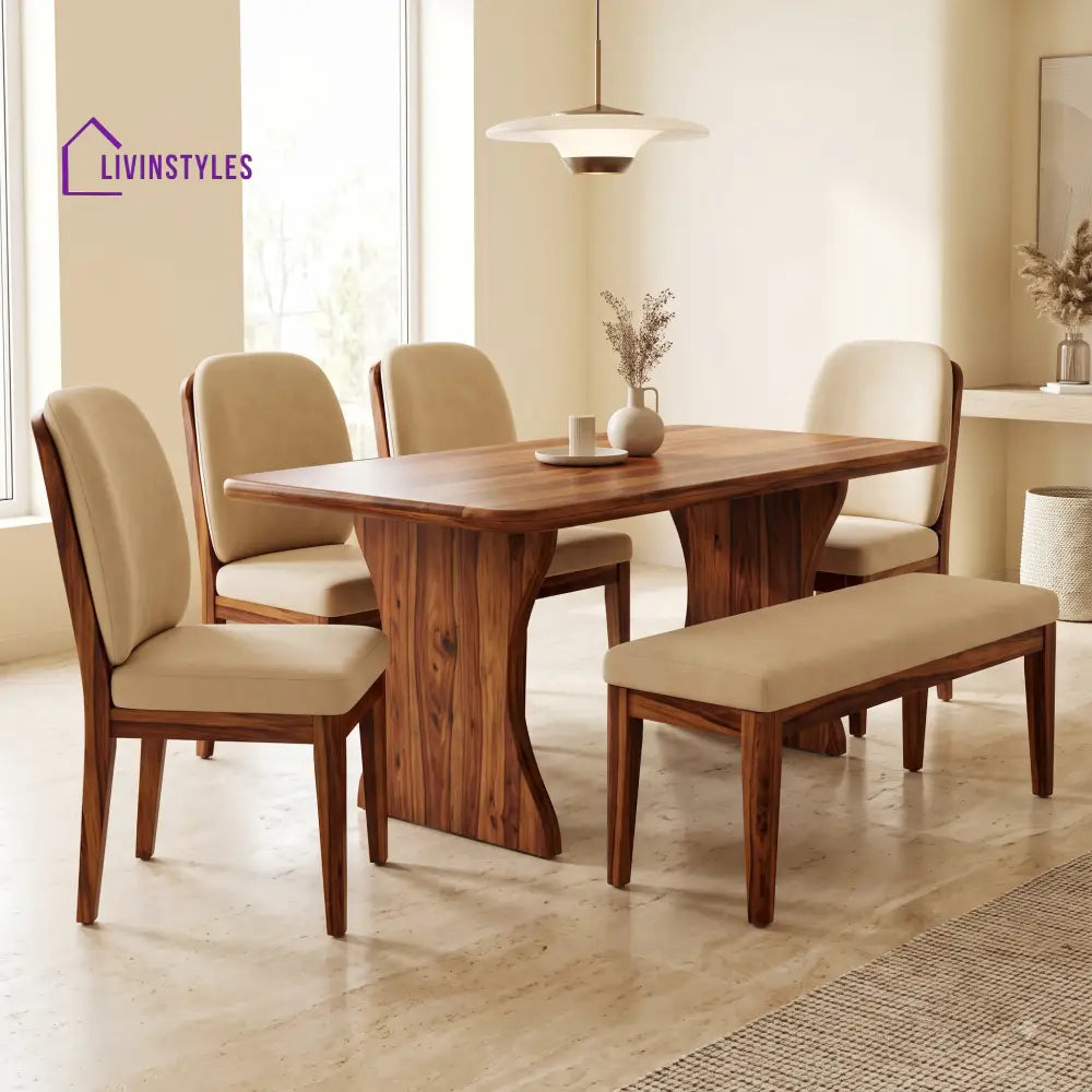 Omotola Wooden 6 Seater Dining Table Set | 4 Chairs and 1 Bench | Table 72 X 36 X 30 Inch