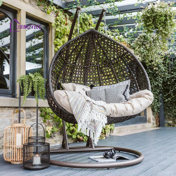 Onio Double Seater Hanging Swing With Stand For Balcony Garden Swing (Dark Brown) - Swings