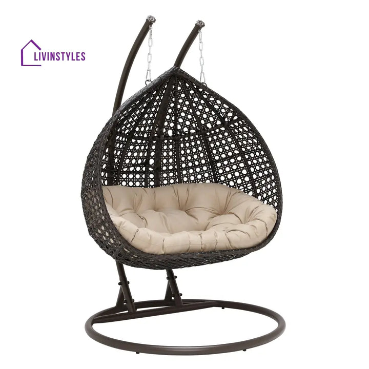 Onio Double Seater Hanging Swing With Stand For Balcony Garden Swing (Dark Brown) - Swings