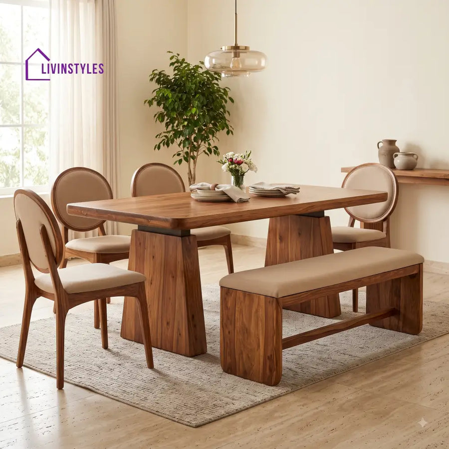 Onyinye Wooden 6 Seater Dining Table Set | 4 Chairs and 1 Bench | Table 72 X 36 X 30 Inch