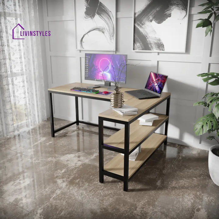 Optimus L shape desk with Storage Design | Computer Table | Study Table for Home - Beige - Workstations & Cubicles