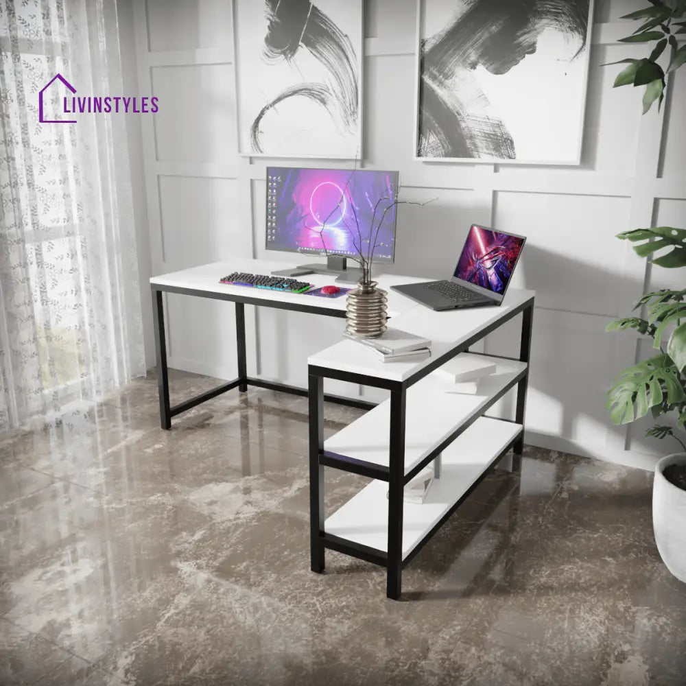 Optimus L shape desk with Storage Design | Computer Table | Study Table for Home - White - Workstations & Cubicles