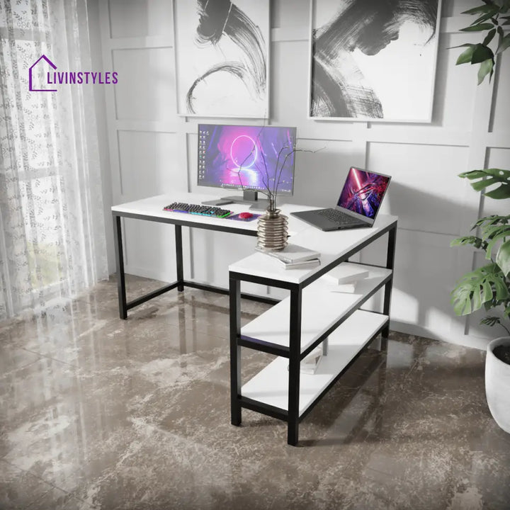 Optimus L shape desk with Storage Design | Computer Table | Study Table for Home - White - Workstations & Cubicles