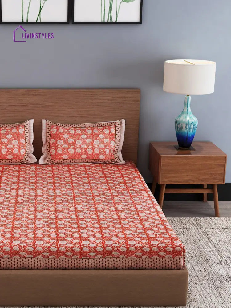 Orange Color Cream Floral Print Cotton King Bed Sheet With 2 Pillow Covers