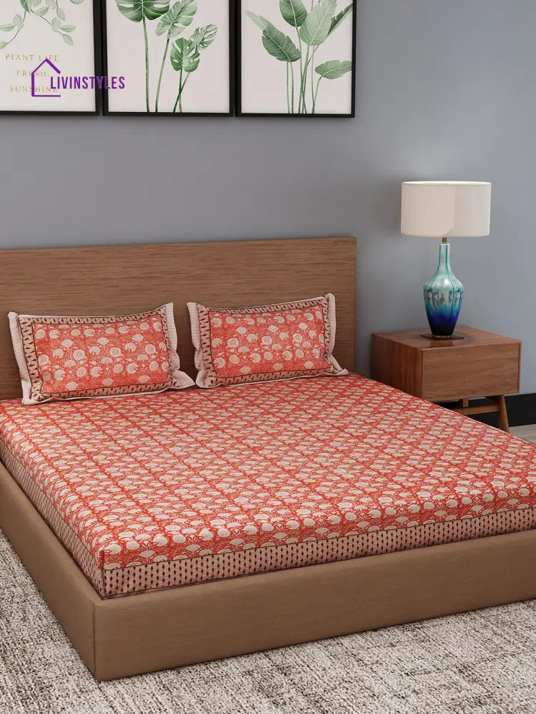Orange Color Cream Floral Print Cotton King Bed Sheet With 2 Pillow Covers