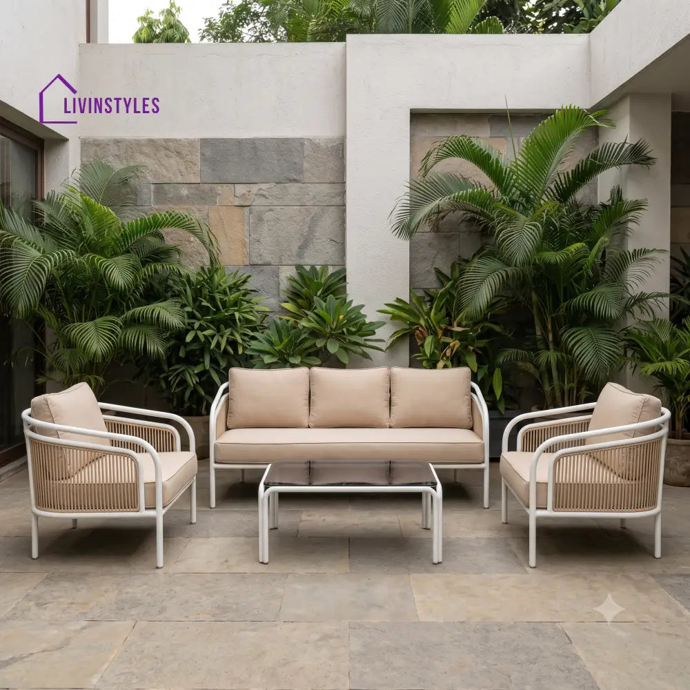 Oriane Metal Frame and Rope Weaving Outdoor Sofa Set 3 + 1 +1 and Coffee Table | Premium Uphostery