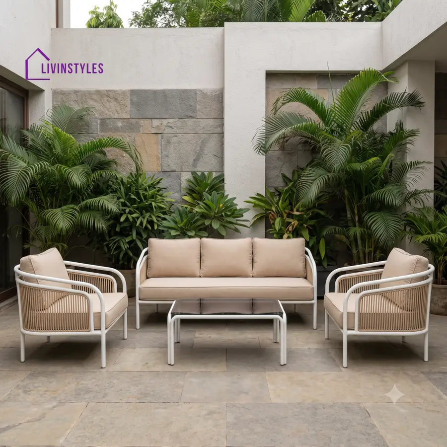 Oriane Metal Frame and Rope Weaving Outdoor Sofa Set 3 + 1 +1 and Coffee Table | Premium Uphostery