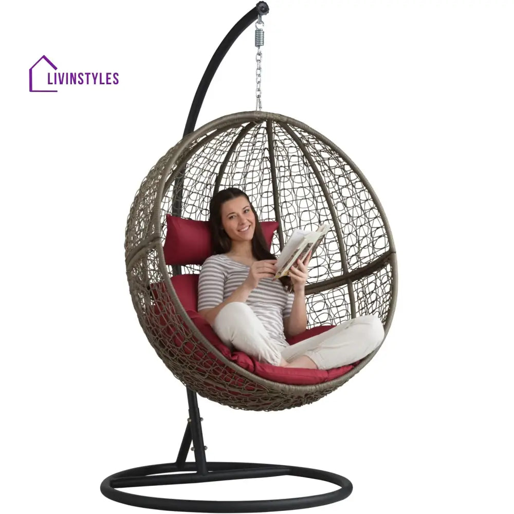 Orsino Single Seater Hanging Swing With Stand For Balcony Garden Swing (Light Brown) - Swings