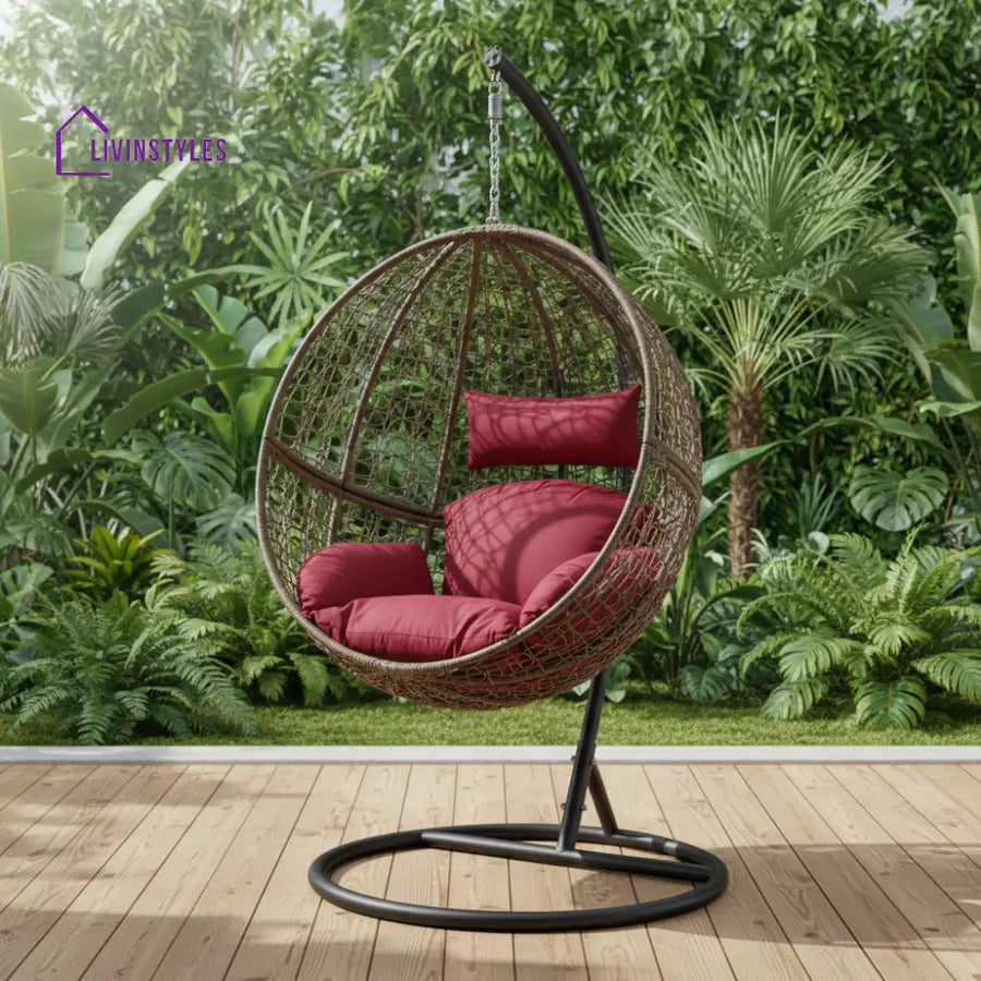 Orsino Single Seater Hanging Swing With Stand For Balcony Garden Swing (Light Brown) - Swings