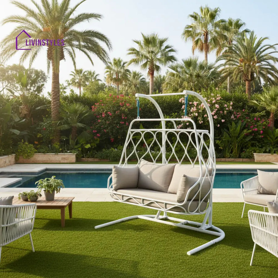 Ortis Double Seater Hanging Swing With Stand For Balcony Garden Swing White Swings