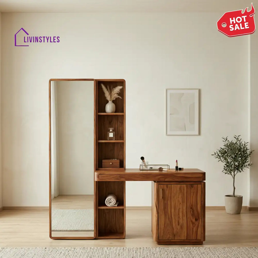 Oscar Sheesham Wood Dressing Table with Mirror and Storage (Honey Finish)
