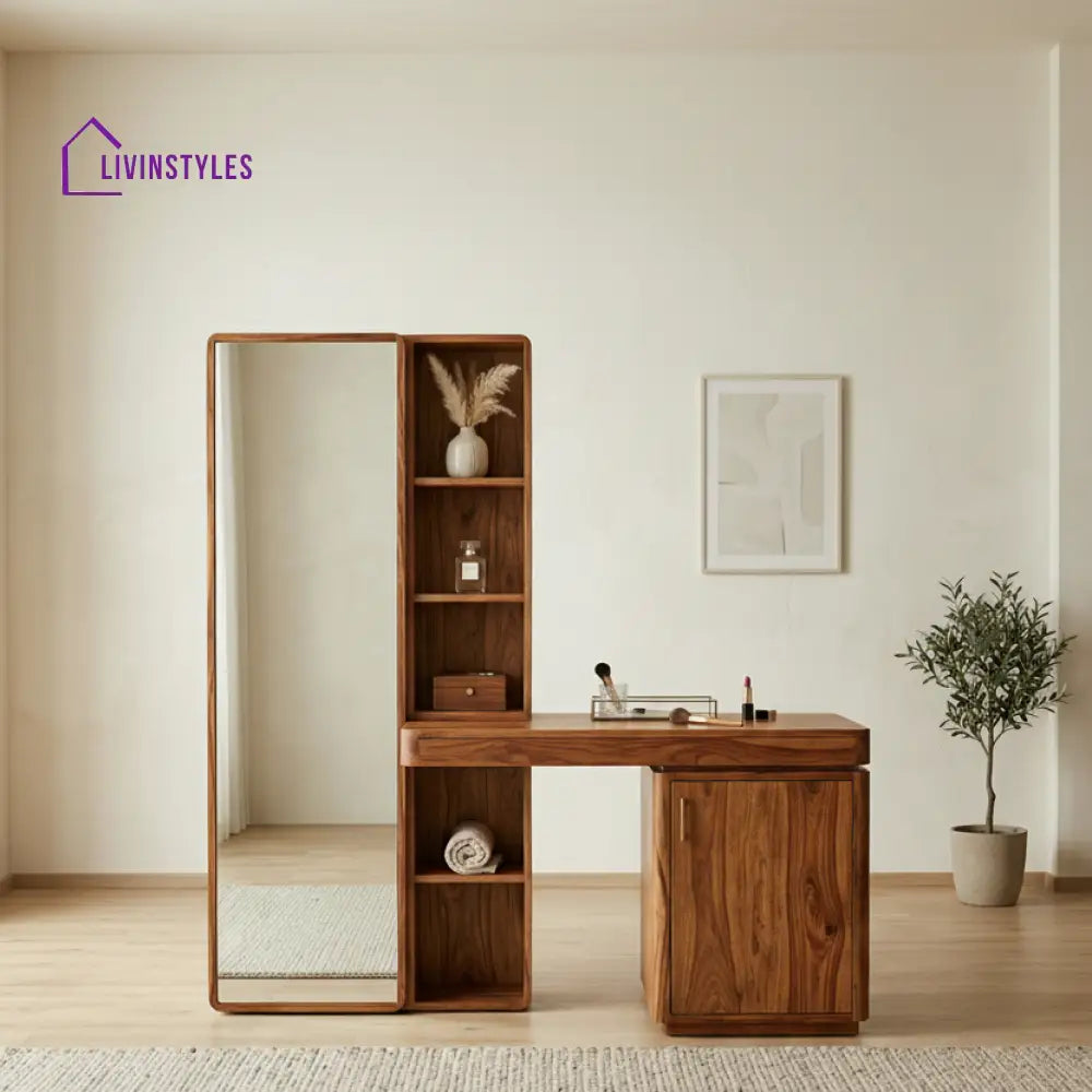 Oscar Sheesham Wood Dressing Table with Mirror and Storage (Honey Finish)