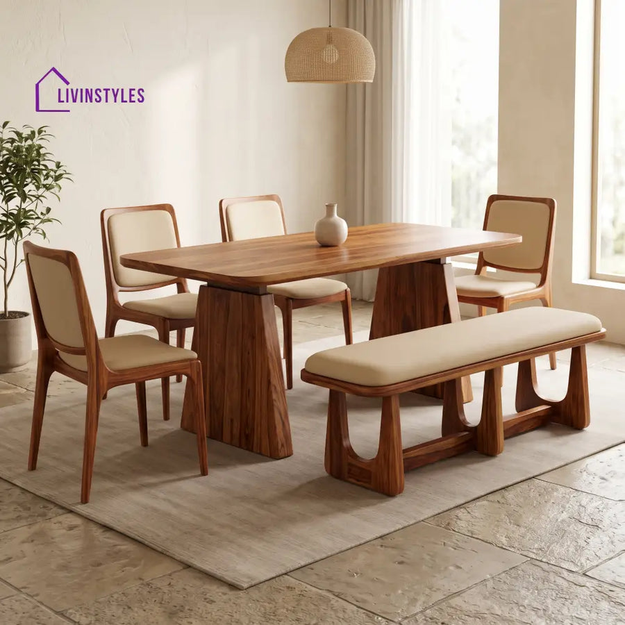 Osinachi Wooden 6 Seater Dining Table Set | 4 Chairs and 1 Bench | Table 72 X 36 X 30 Inch