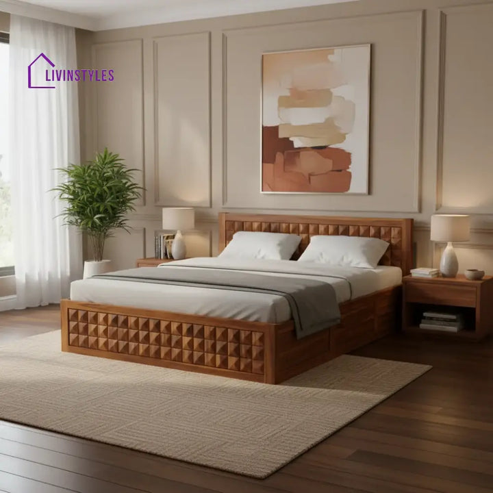Oslo Diamond Solid Sheesham Wood Bed With Half Box And Trolly Storage - 1 Year Warranty