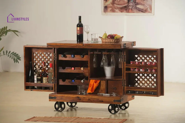Ostap Solid Wood Jali Bar Cabinet L 176 x D 50 x H 76 cm (Opened) L 88 x D 50 x H 78 cm (Compact) / Honey Bar