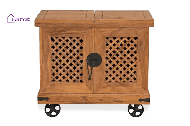 Ostap Solid Wood Jali Bar Cabinet L 176 x D 50 x H 76 cm (Opened) L 88 x D 50 x H 78 cm (Compact) / Stone Bar