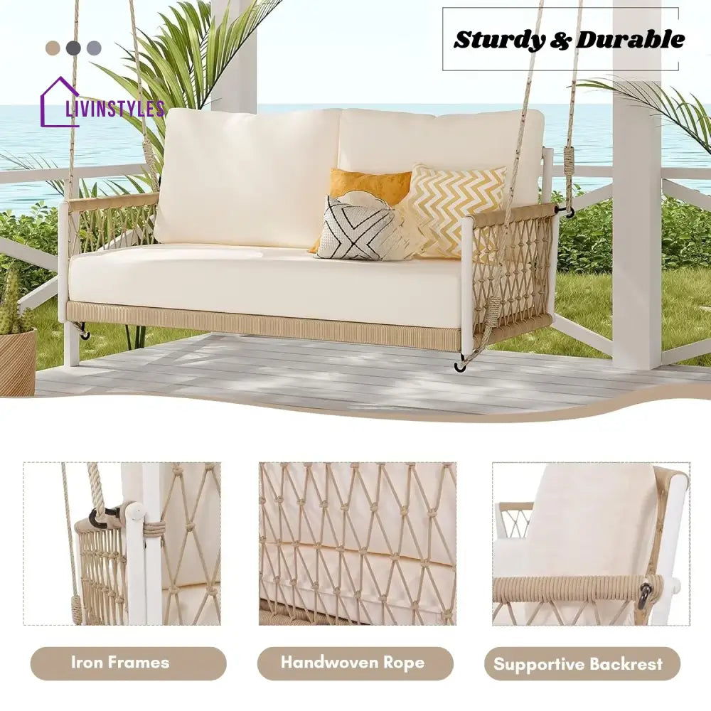 Outdoor Rope Swing 2-Person Hanging Chair Weatherproof Porch Swing - Swing