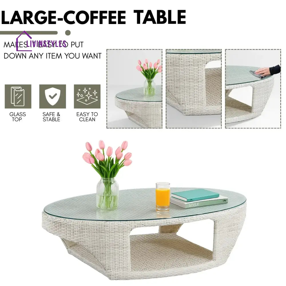 Outdoor White Rattan Wicker Sofa Chairs With Glass Top Table - Sofa Set
