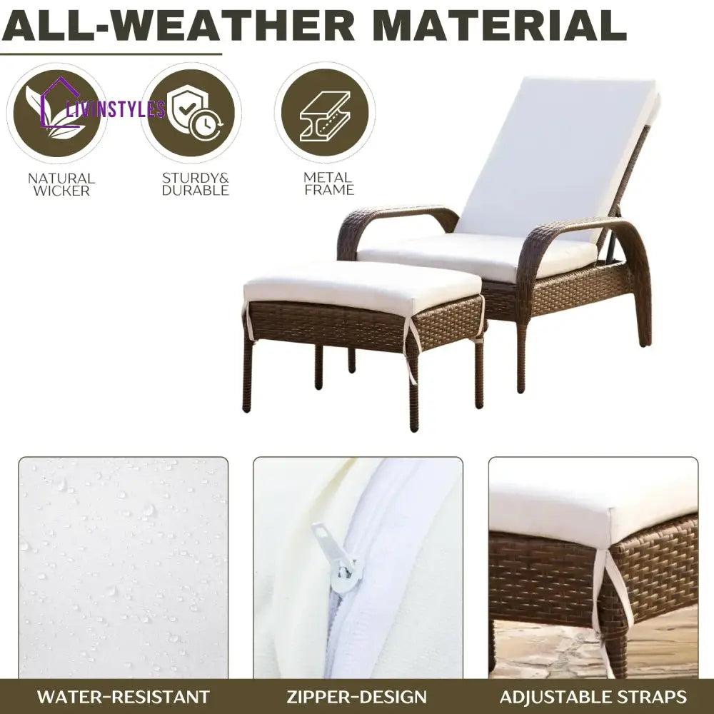 Outdoor Wicker 2 Piece Patio Armchair Recliner with Ottoman - Lounger Set