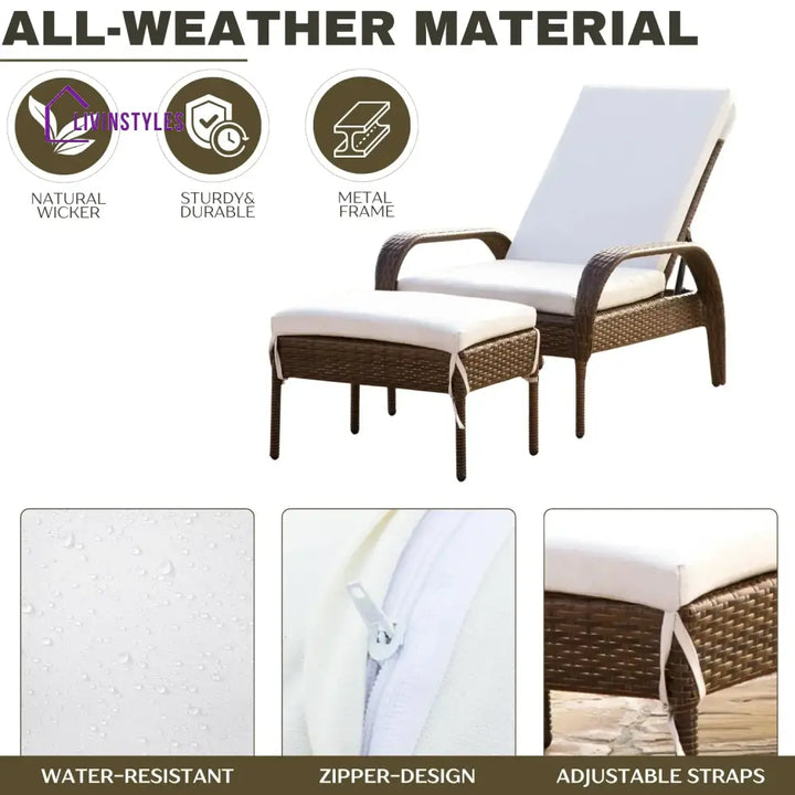 Outdoor Wicker 2 Piece Patio Armchair Recliner with Ottoman - Lounger Set