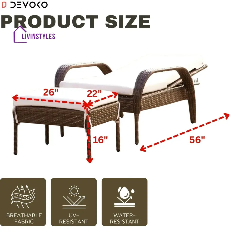 Outdoor Wicker 2 Piece Patio Armchair Recliner with Ottoman - Lounger Set