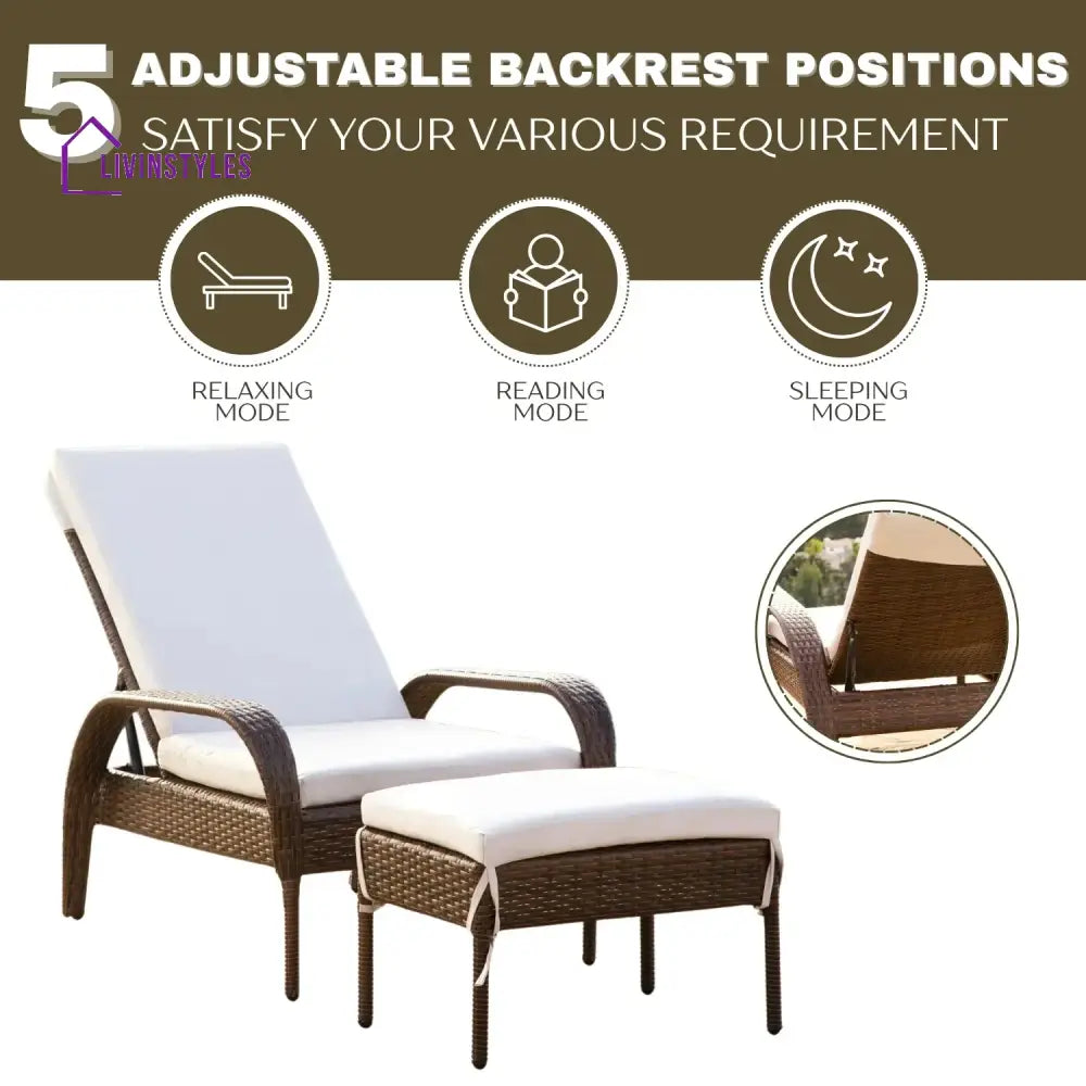 Outdoor Wicker 2 Piece Patio Armchair Recliner with Ottoman - Lounger Set
