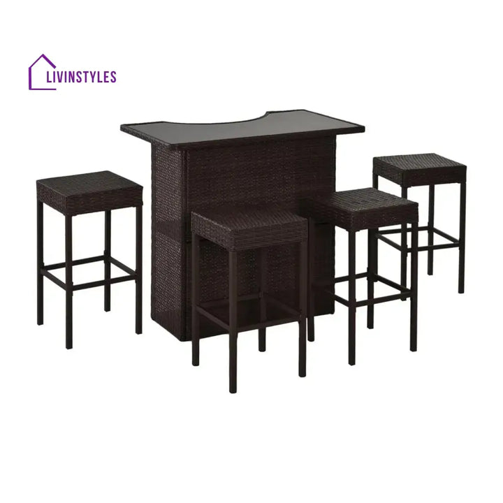 Outdoor Wicker 5-Piece Bar Set with Glass Top Table - Bar Set