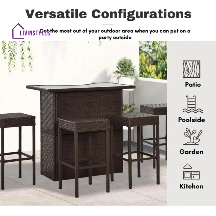 Outdoor Wicker 5-Piece Bar Set with Glass Top Table - Bar Set